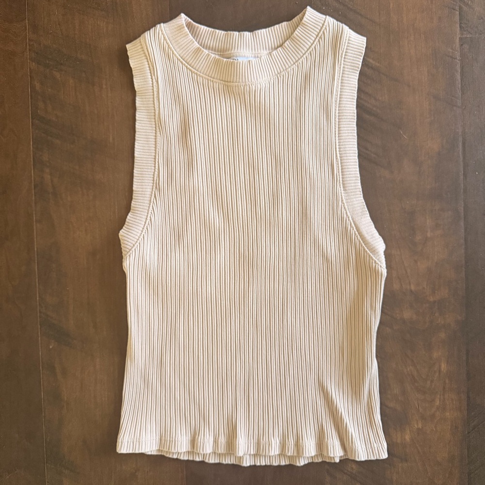 💛 Zara Cream Ribbed Knit Fitted Tank Top Neutral Minimalist Capsule Basic (S)